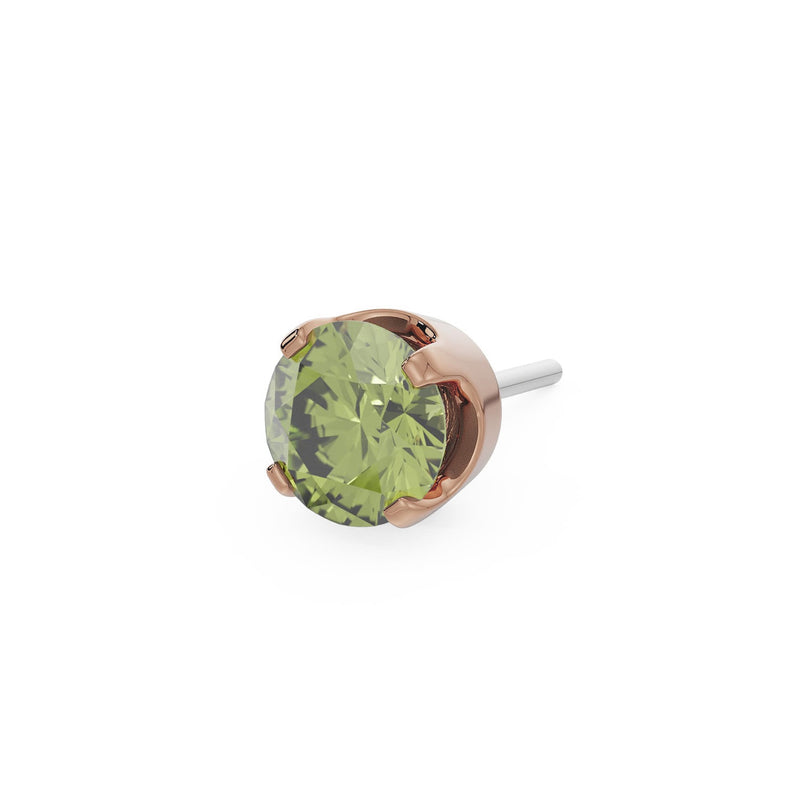 14k rose gold 2mm peridot solitaire threadless piercing stud end, angled side view