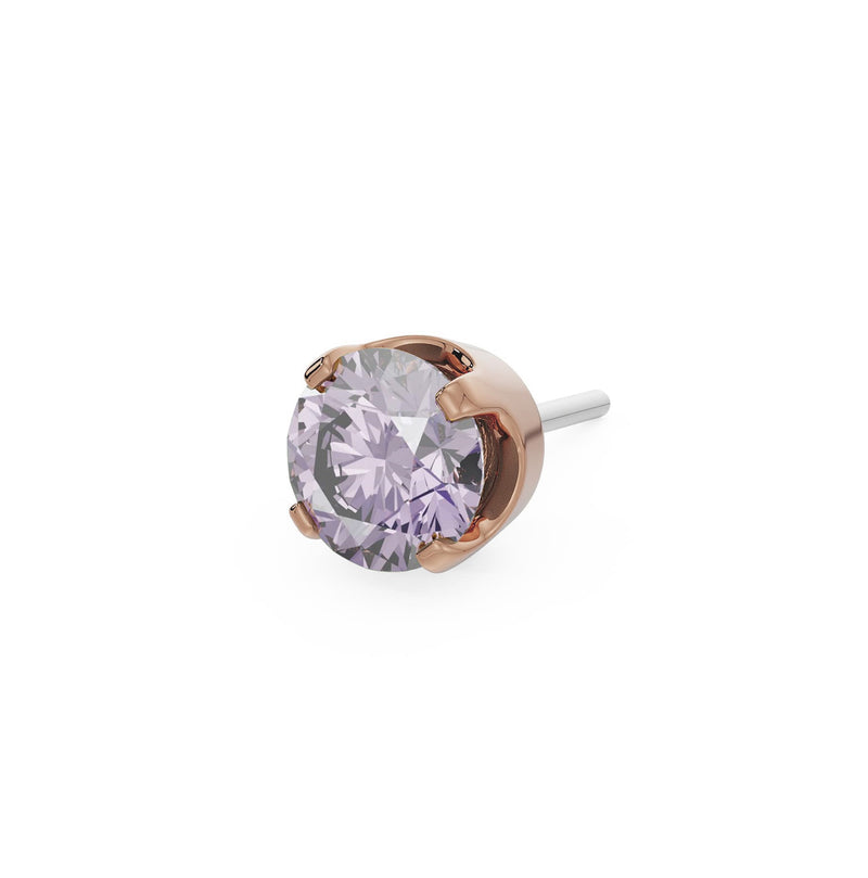 14k rose gold 2mm purple sapphire solitaire threadless piercing stud end, angled side view