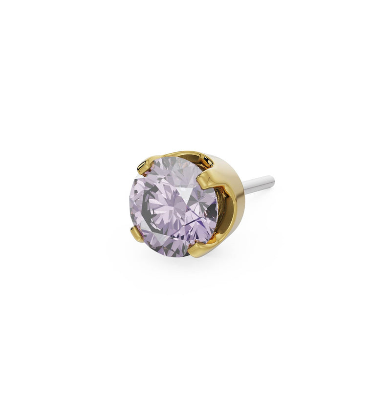 14k yellow gold 2mm purple sapphire solitaire threadless piercing stud end, angled side view