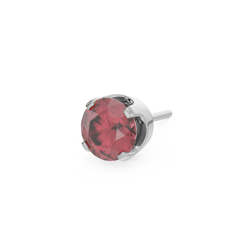 14k white gold 2mm rhodolite solitaire threadless piercing stud end, angled side view