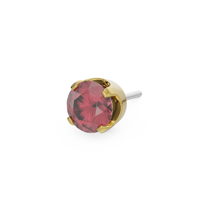 14k yellow gold 2mm rhodolite solitaire threadless piercing stud end, angled side view