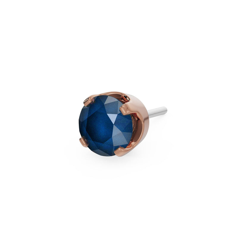 14k rose gold 2mm sapphire solitaire threadless piercing stud end, angled side view