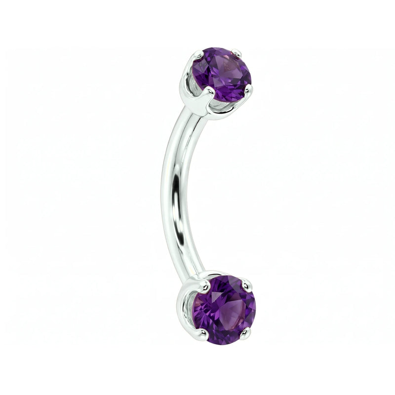 14k white gold dainty 18G curved barbell with two 2mm round amethyst gems, angled view
