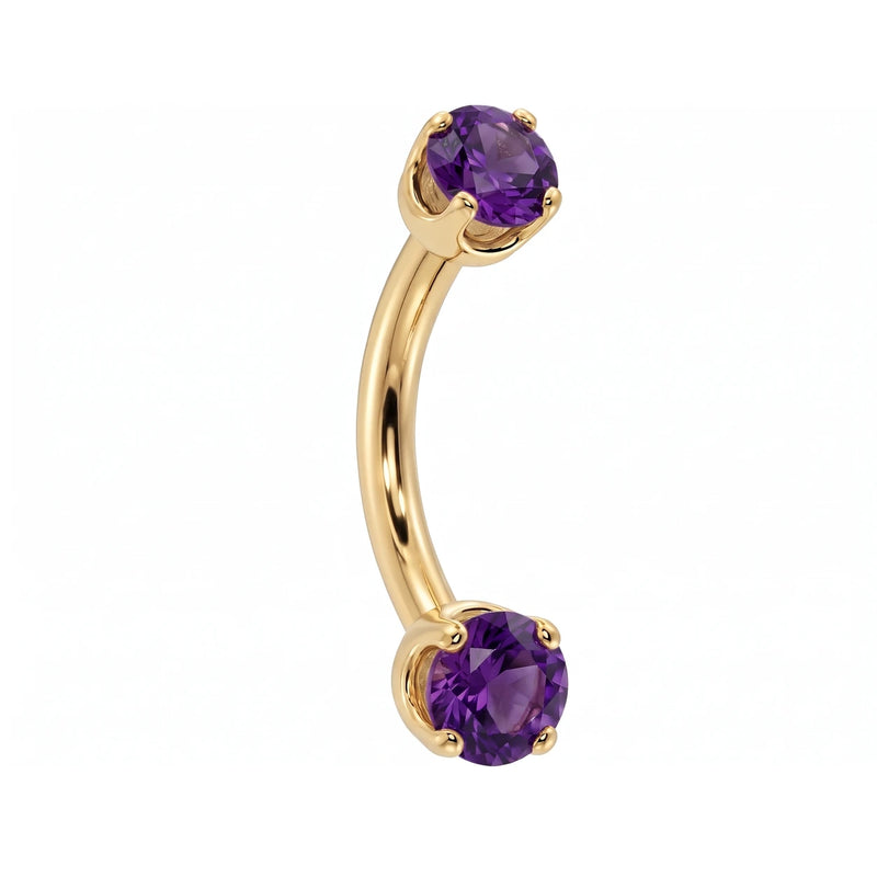 14k yellow gold dainty 18G curved barbell with two 2mm round amethyst gems, angled view