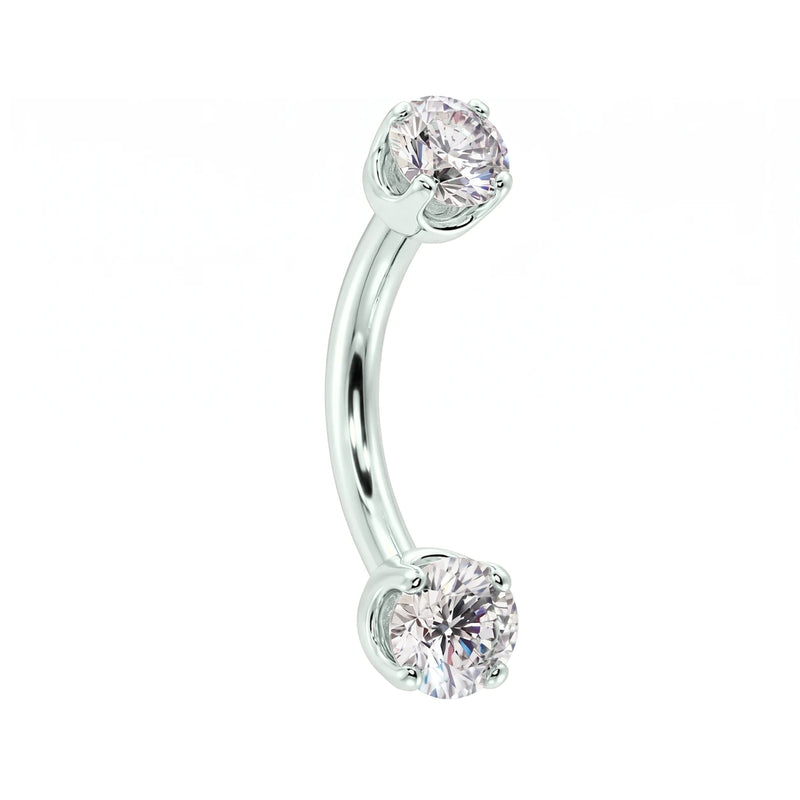 14k white gold dainty 18G curved barbell with two 2mm round clear gems, angled view