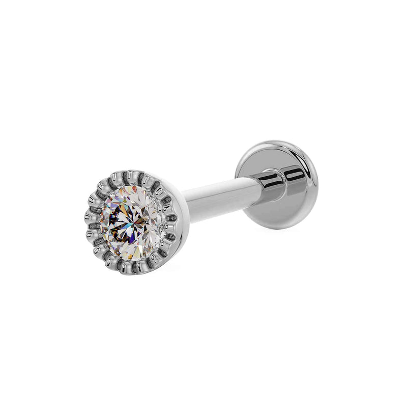 14k white gold 2mm diamond perlage bezel flat back labret stud, angled view showing textured setting