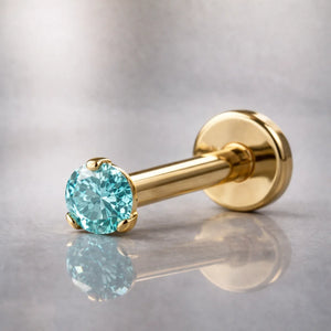 14k yellow gold 2mm aqua diamond flat back labret stud, angled view showing post and flat disc