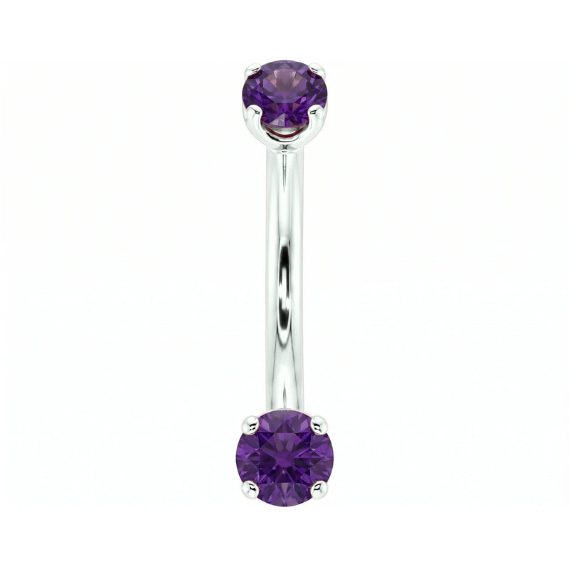 14k white gold dainty 18G curved barbell with two 2mm round amethyst gems, front view