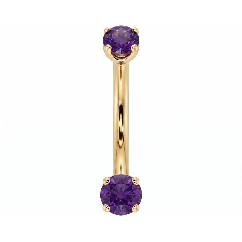 14k yellow gold dainty 18G curved barbell with two 2mm round amethyst gems, front view