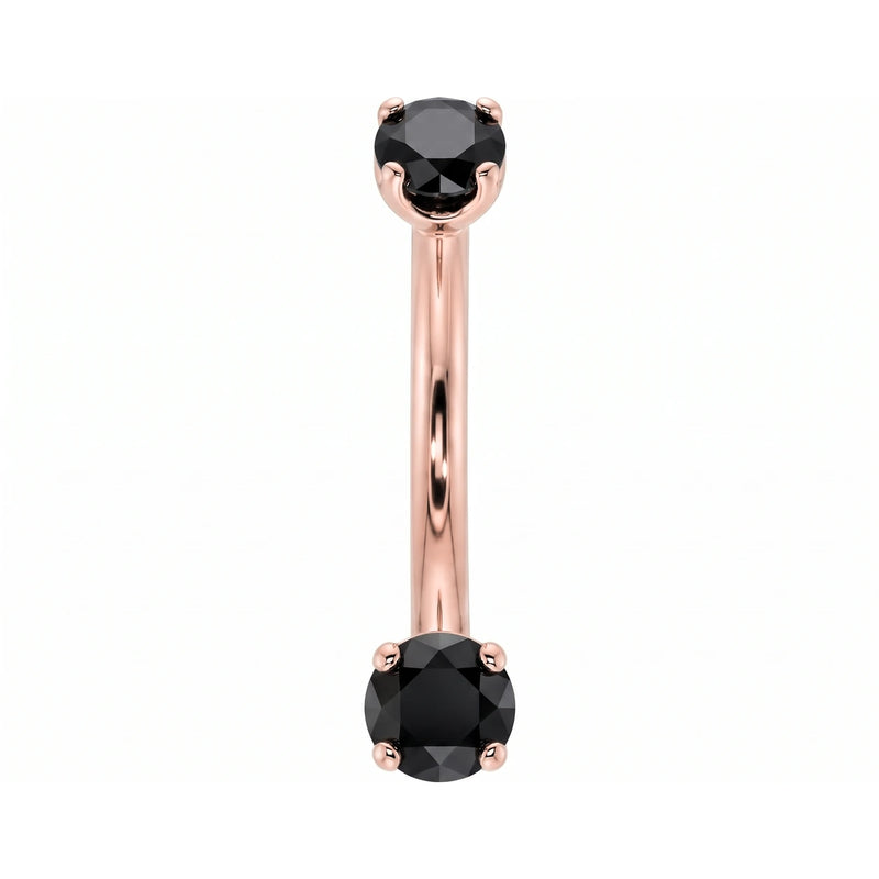 14k rose gold dainty 18G curved barbell with two 2mm round black diamonds, front view