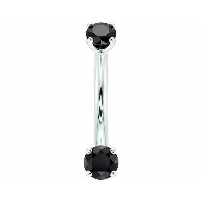 14k white gold dainty 18G curved barbell with two 2mm round black diamonds, front view