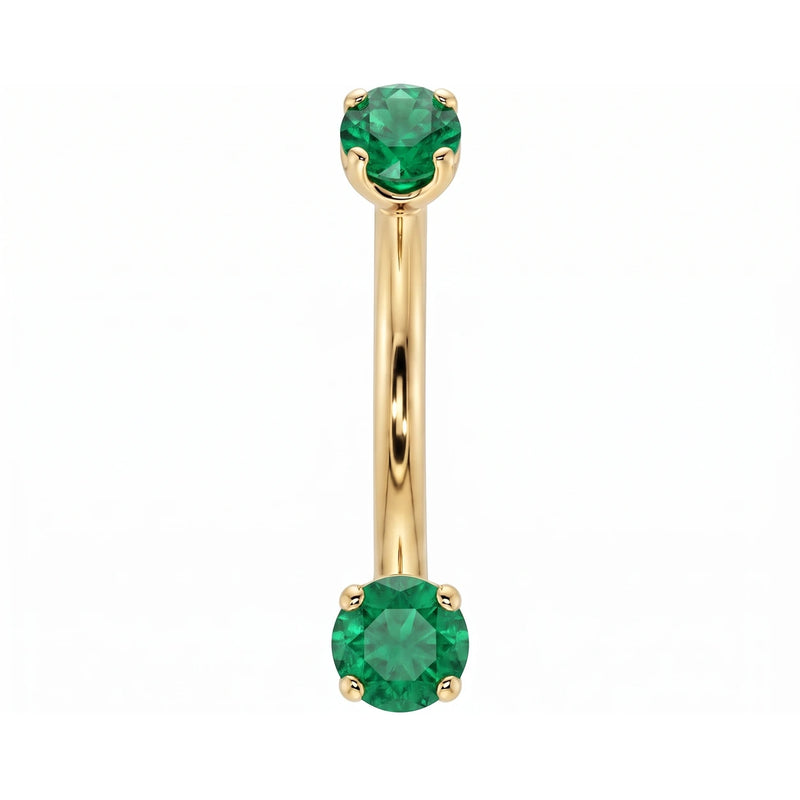 14k yellow gold dainty 18G curved barbell with two 2mm round emeralds, front view