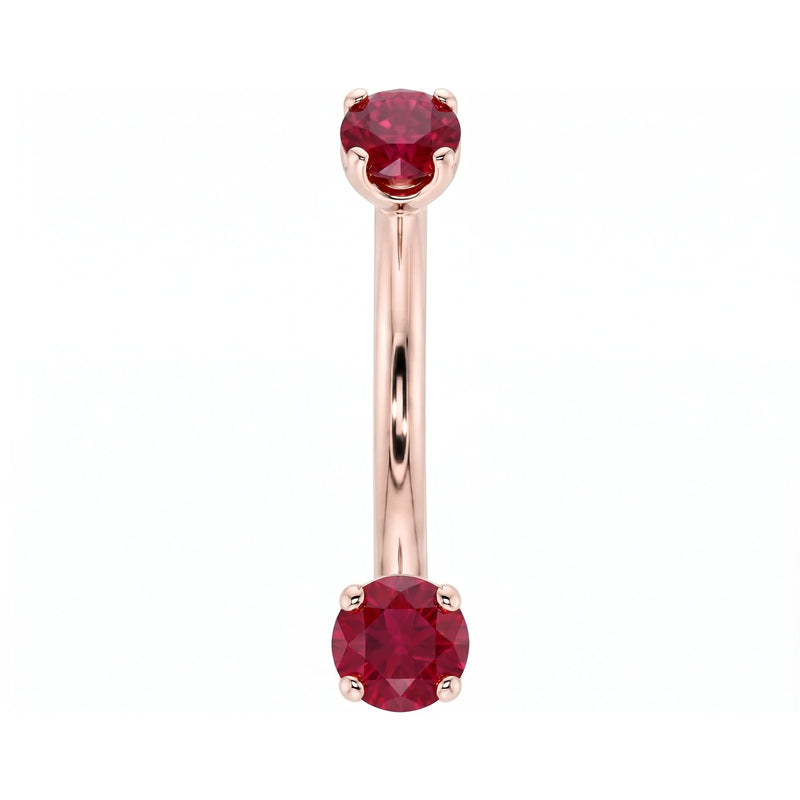 14k rose gold dainty 18G curved barbell with two 2mm round rubies, front view