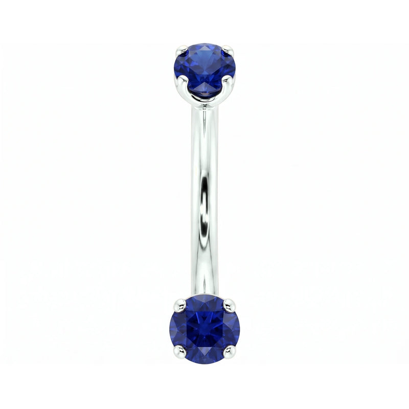 14k white gold dainty 18G curved barbell with two 2mm round blue sapphires, front view