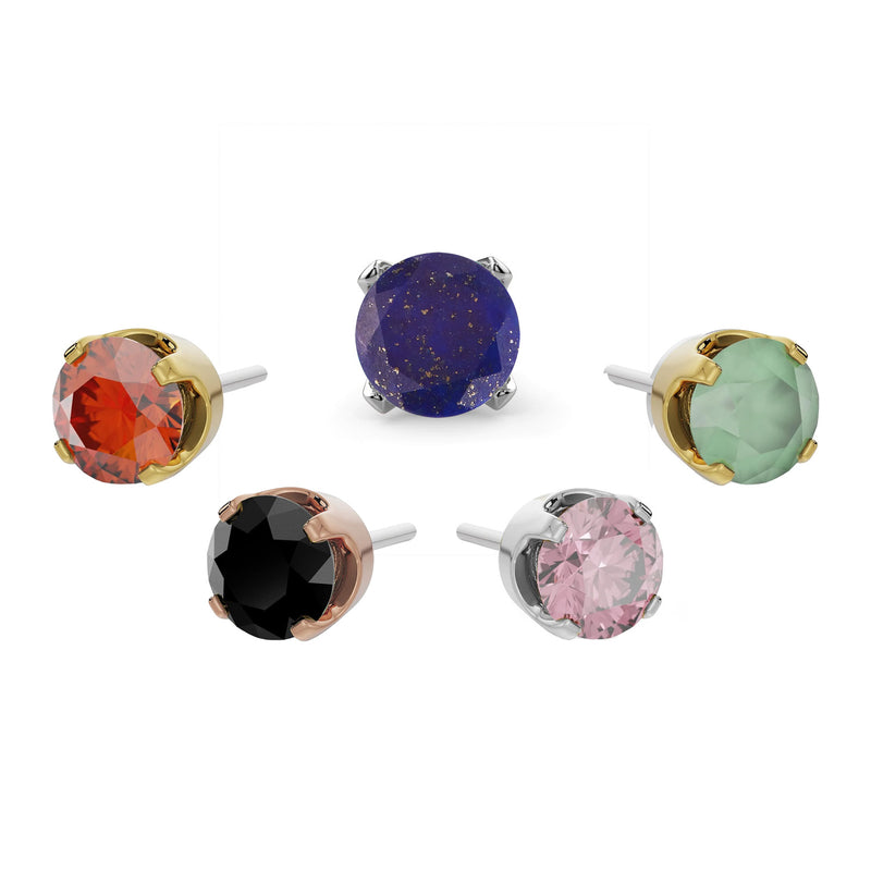 2mm gemstone solitaire threadless stud ends in five color options including lapis, onyx, and pink stones