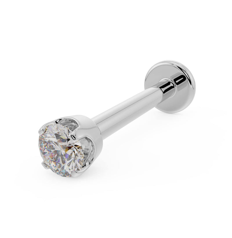 14k white gold 2mm diamond flat back labret stud, angled view highlighting basket prong setting