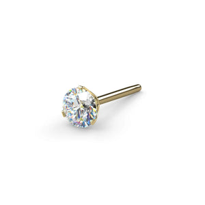 14k yellow gold 3-prong VS1 diamond threadless stud end, angled view showing pin and setting