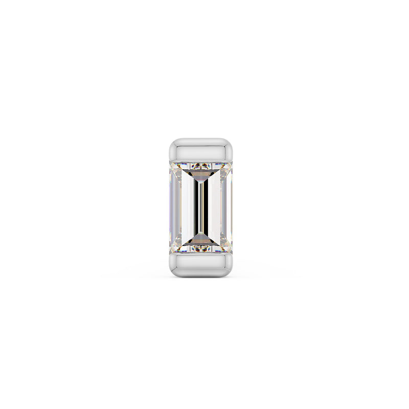 14k white gold baguette diamond push pin end, medium size front view with cool-toned bar setting