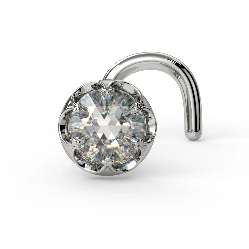 3mm Reina Rose Cut Diamond Nose Ring in 14K White Gold with crown-set Rose Cut Diamond - for nostril piercings