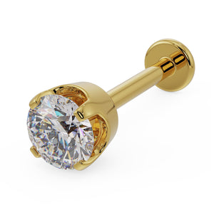 14k yellow gold 3.5mm diamond flat back labret stud with high-profile basket setting, angled view