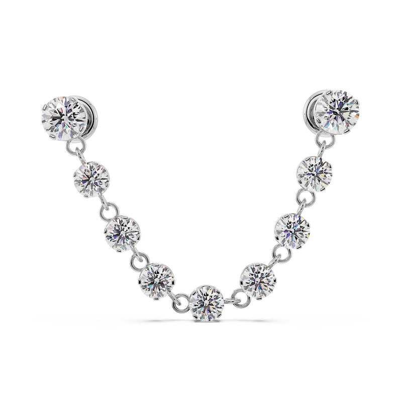 14K white gold CZ connector flat back studs with nine-stone draped chain, front view