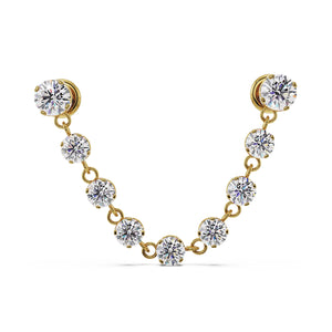 14K yellow gold CZ connector flat back studs with nine-stone draped chain, front view