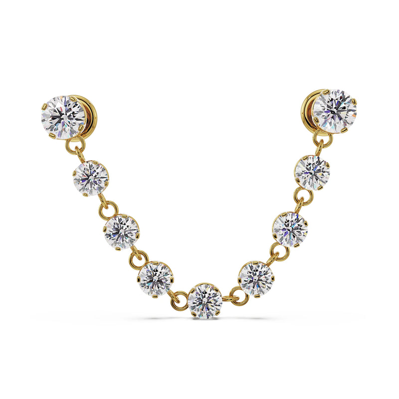14K yellow gold CZ connector flat back studs with nine-stone draped chain, front view