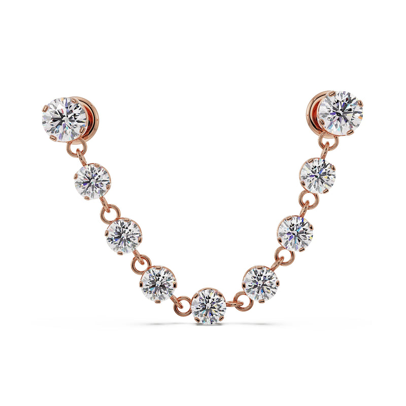 14K rose gold CZ connector flat back studs with nine-stone draped chain, front view