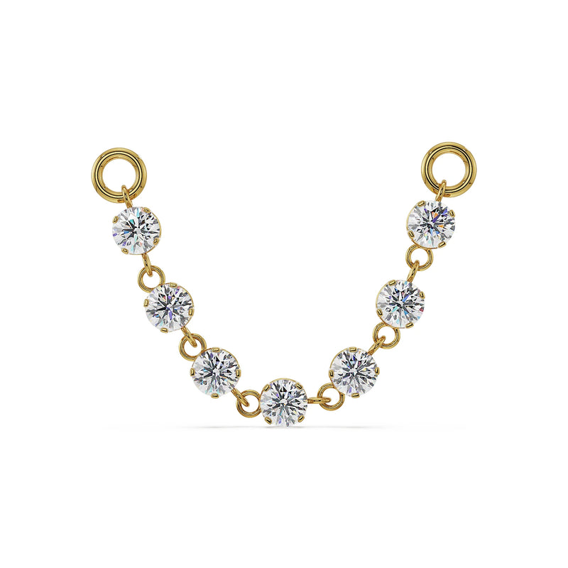 14K yellow gold Lyra earring connector with seven prong-set CZ stones and jump rings, front view