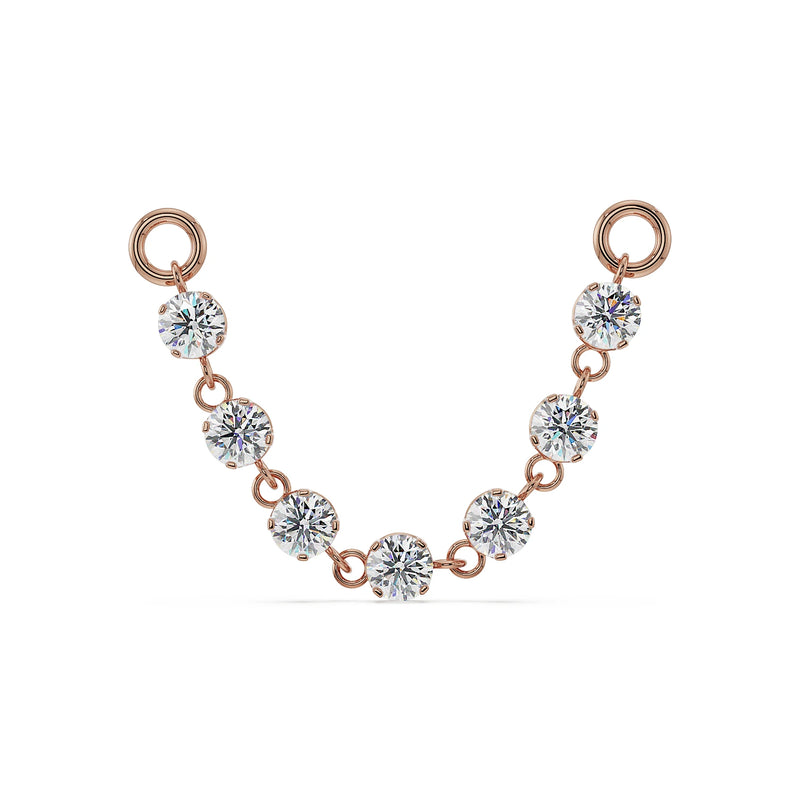 14K rose gold Lyra earring connector with seven round CZ stones linked in a gentle curve, front view
