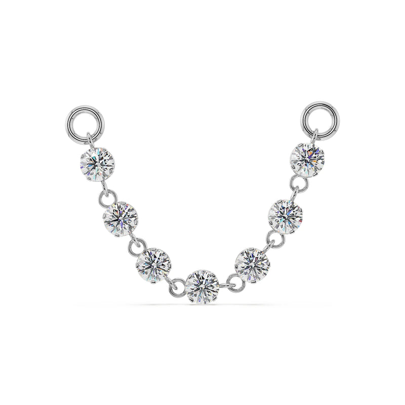 14K white gold Lyra earring connector with seven sparkling CZ stones and dual jump rings, front view