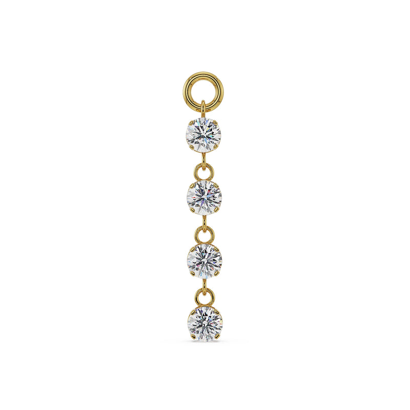 14k yellow gold brilliant drop piercing charm with four dangling round CZ stones, front view