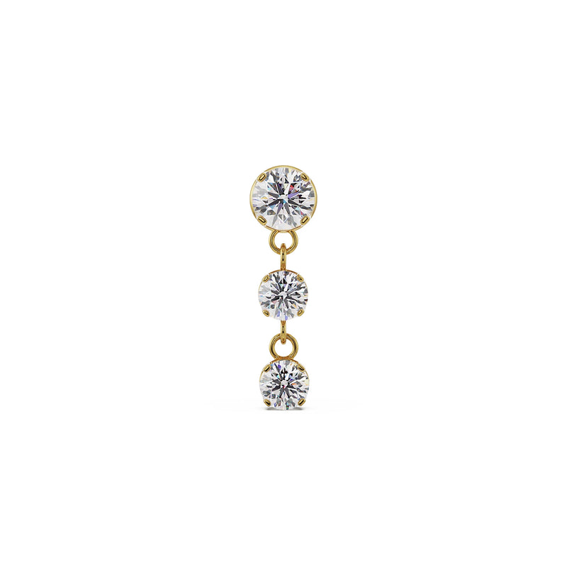 14K yellow gold trinity drop labret stud with three cascading prong-set CZ stones, front view