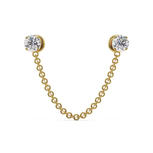 14k yellow gold duo gem chain connector earring end-only view, showing bezel-set round CZ and chain