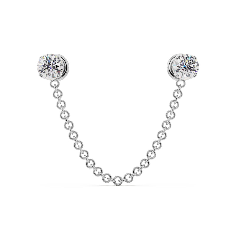 14k white gold duo gem chain connector labret with two round CZ studs and cable chain, front view