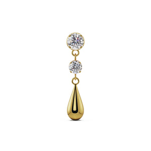 14K yellow gold dew drop flat back labret stud with two CZ stones and polished teardrop charm