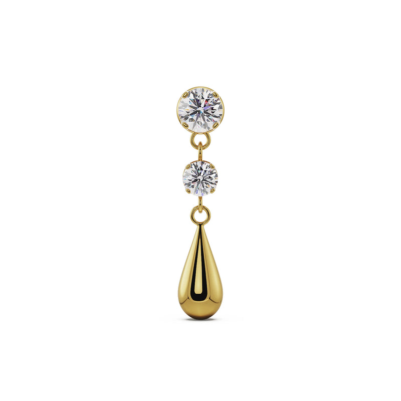 14K yellow gold dew drop flat back labret stud with two CZ stones and polished teardrop charm