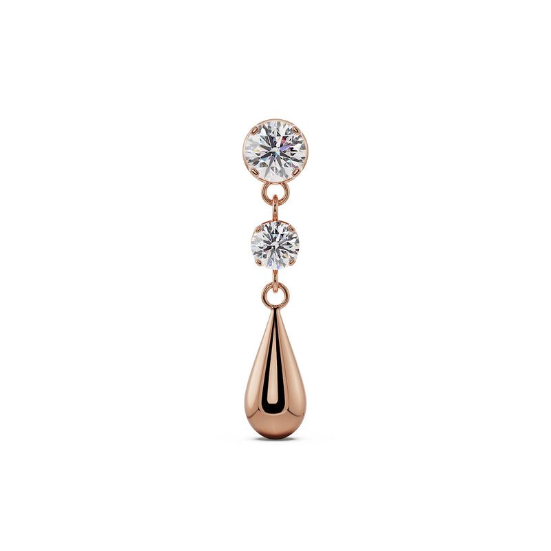 14K rose gold dew drop flat back labret stud with two round CZ stones and polished teardrop charm