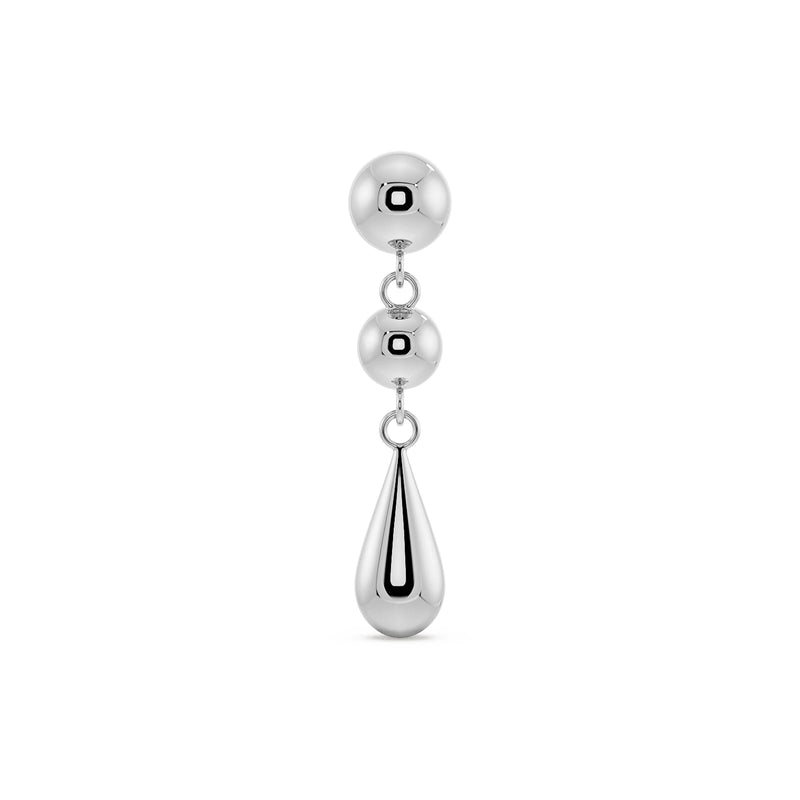 14k white gold dew drop flat back labret with polished dual sphere and teardrop dangle, front view