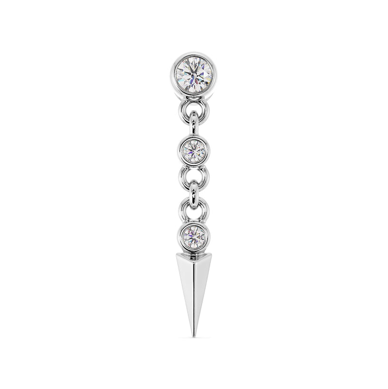 14k white gold spike drop diamond flat back stud with bezel-set stones and gold spike pendant, front view