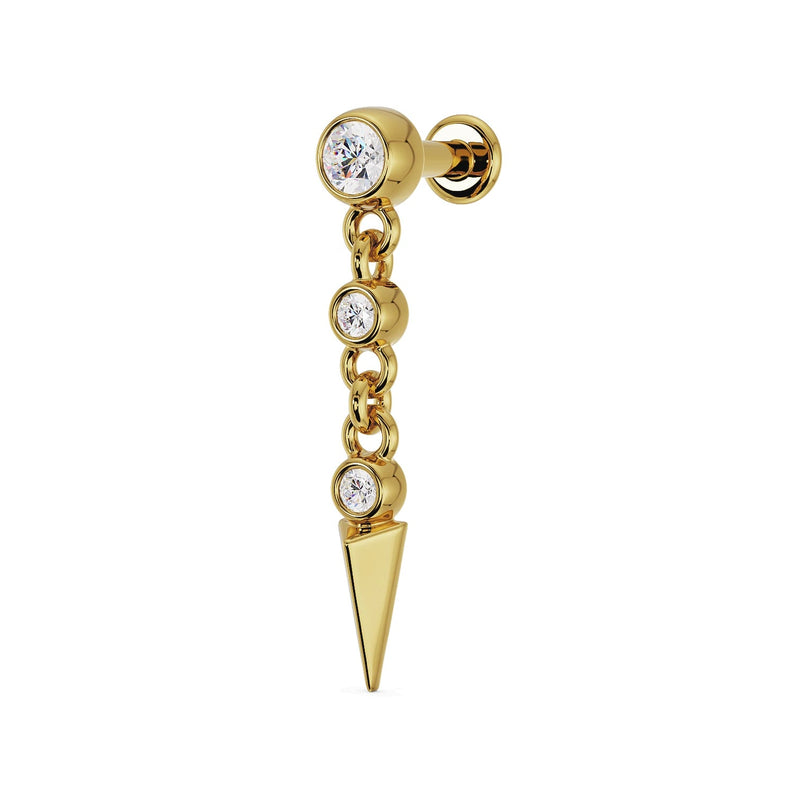 Side profile of 14k yellow gold diamond spike drop labret showing flat back and push-pin post detail