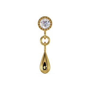 14K yellow gold dew drop flat back labret with CZ bezel stud and polished teardrop dangle, front view
