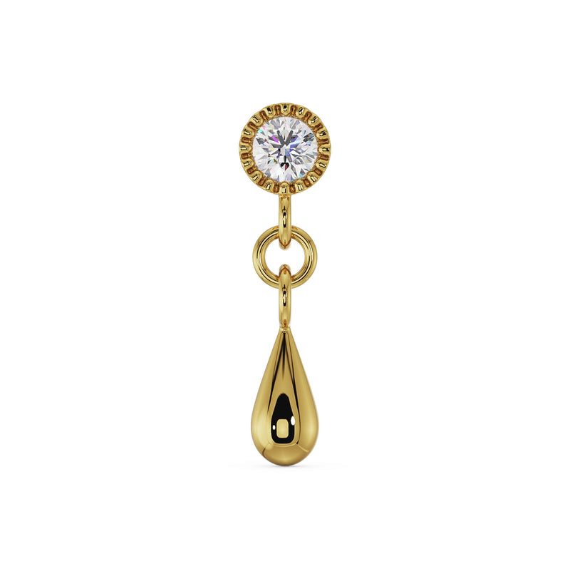 14K yellow gold dew drop flat back labret with CZ bezel stud and polished teardrop dangle, front view