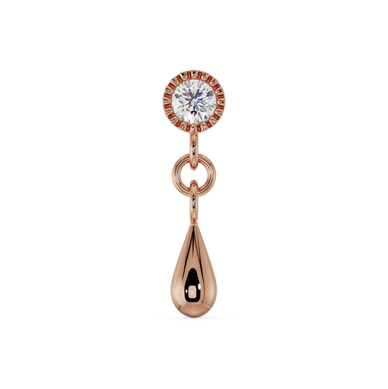 14K rose gold dew drop flat back labret with round CZ beaded bezel setting and rose gold teardrop dangle