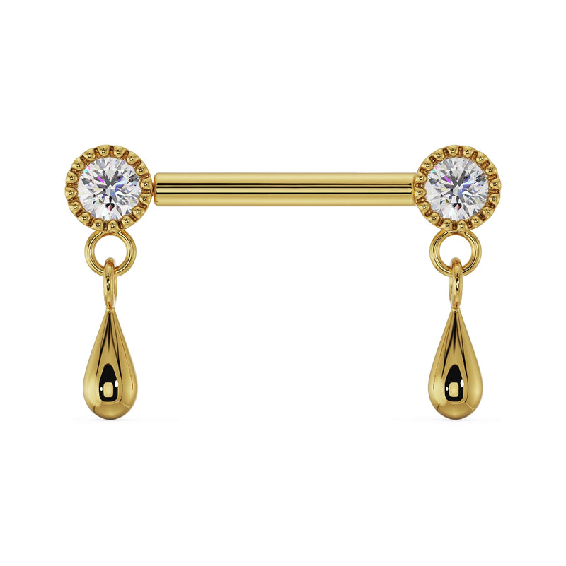 14k yellow gold dew drop nipple barbell with CZ milgrain settings and polished teardrop dangles