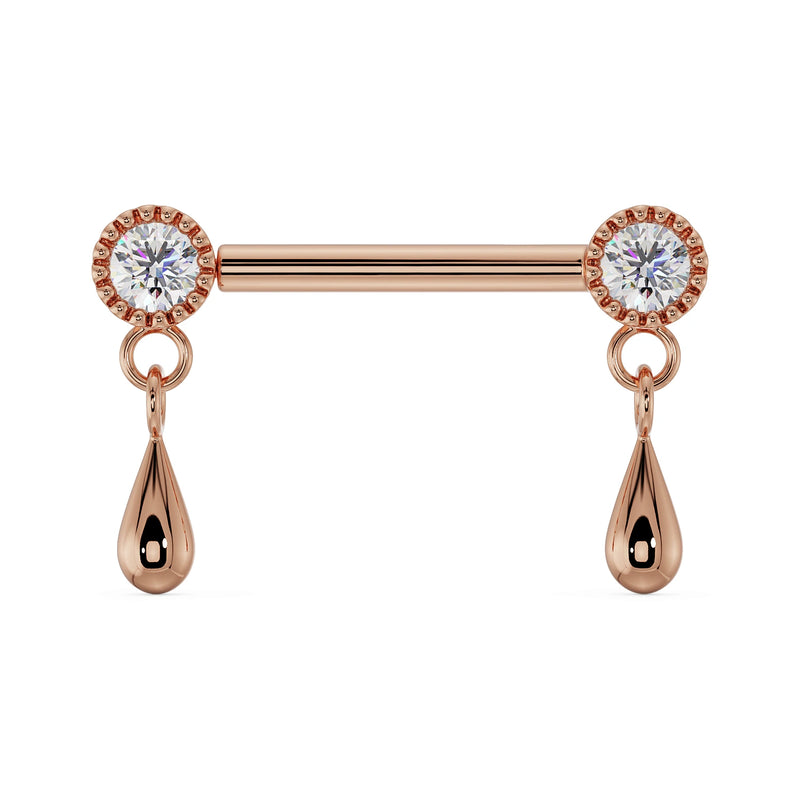 14k rose gold dew drop nipple barbell with CZ milgrain settings and warm-toned polished teardrop dangles