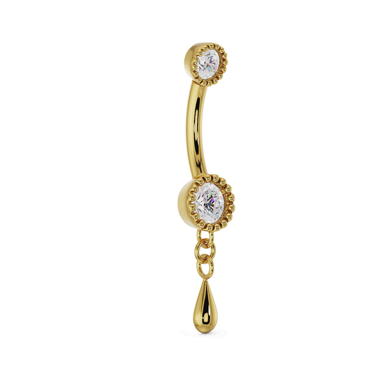 Side profile of 14K yellow gold dew drop belly ring showing curved barbell and teardrop dangle detail