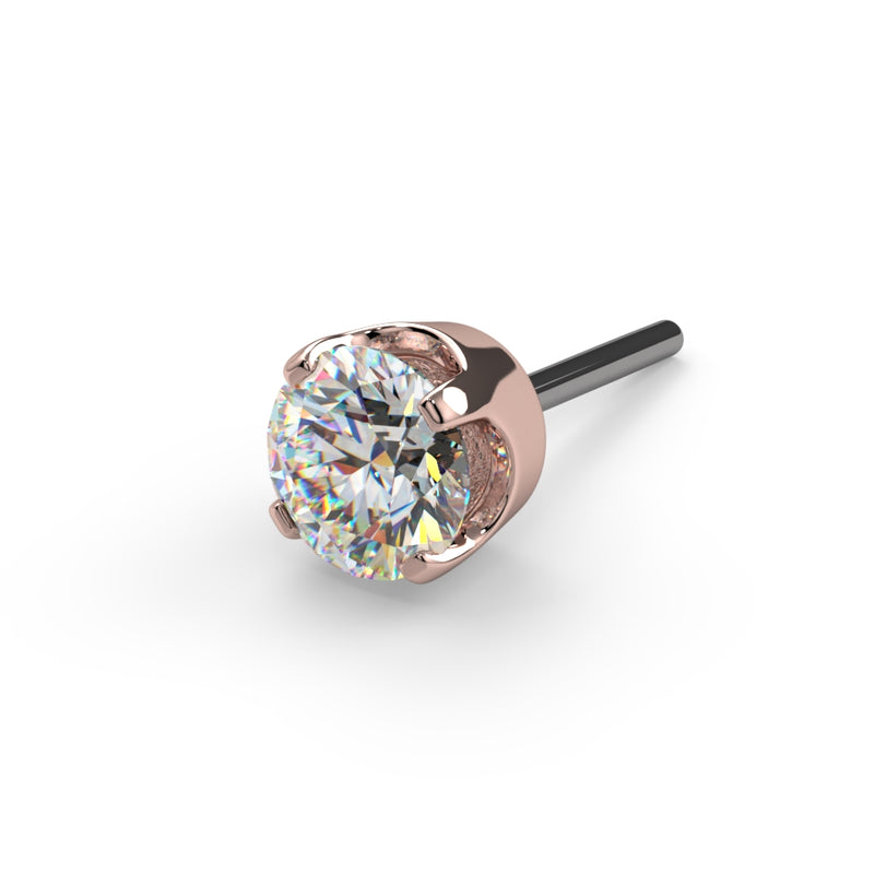 14k rose gold CZ solitaire prong threadless push pin end, angled front view highlighting warm gold tone