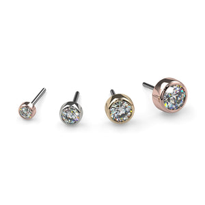 14k gold diamond bezel threadless push pin ends in four sizes and three metal colors, side-by-side
