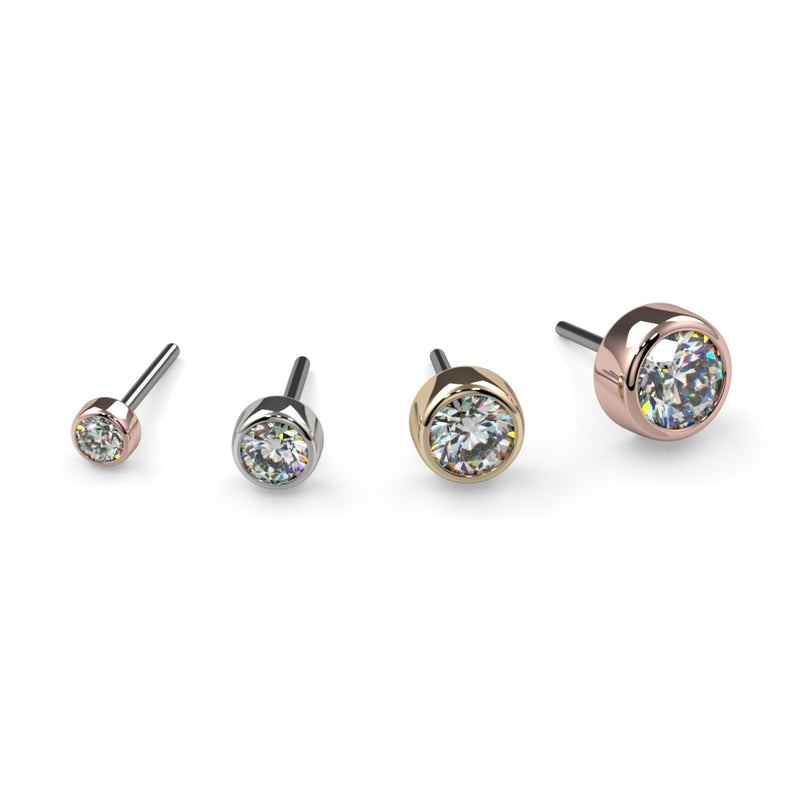 14k gold diamond bezel threadless push pin ends in four sizes and three metal colors, side-by-side